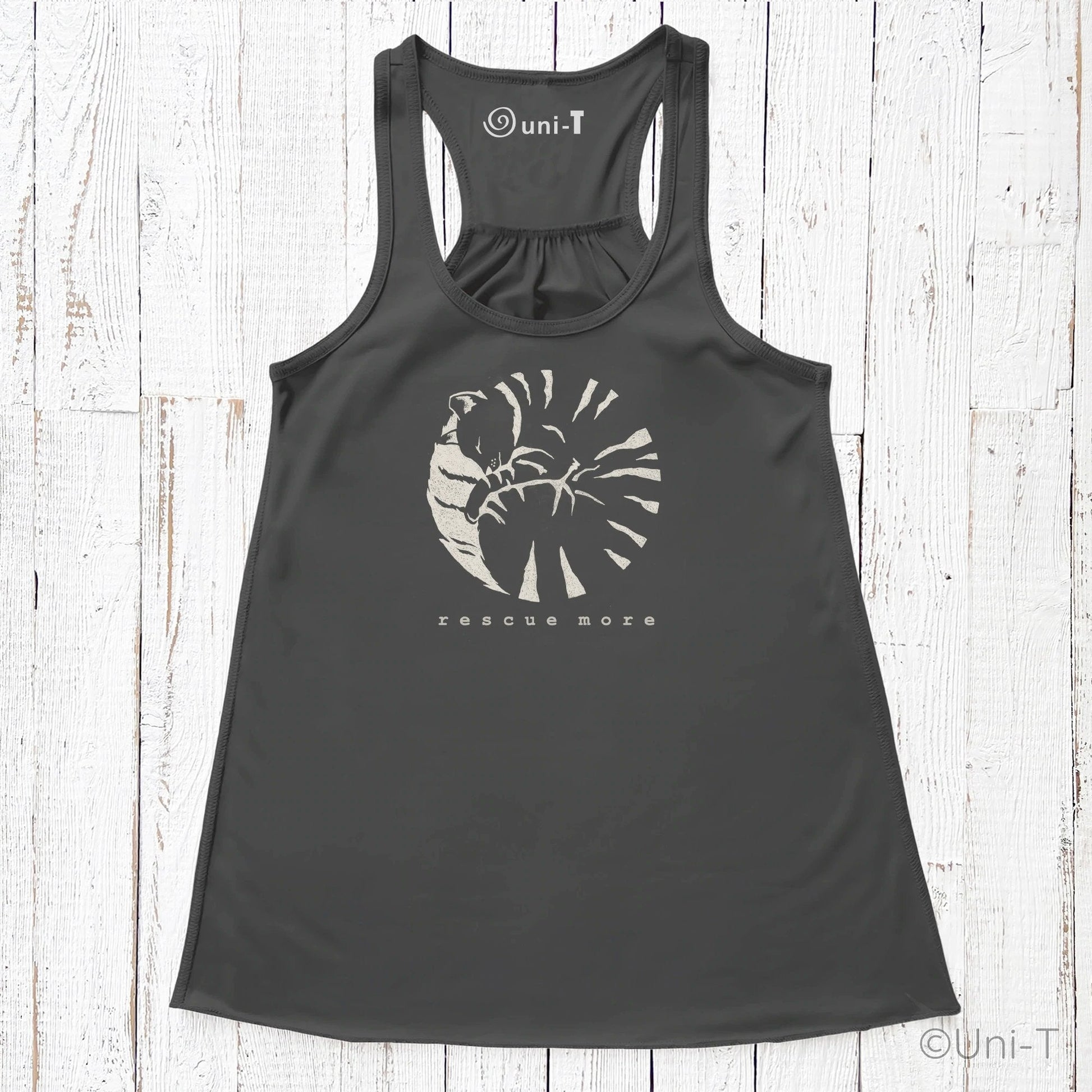 Black 'Rescue More' flowy tank top for women featuring a cat rescue graphic. Soft, breathable fabric ideal for animal rescue advocates.