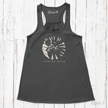 Black 'Rescue More' flowy tank top for women featuring a cat rescue graphic. Soft, breathable fabric ideal for animal rescue advocates.