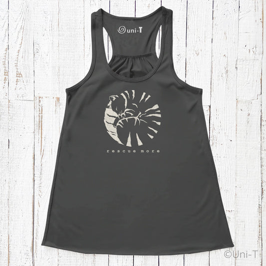 Black 'Rescue More' flowy tank top for women featuring a cat rescue graphic. Soft, breathable fabric ideal for animal rescue advocates.