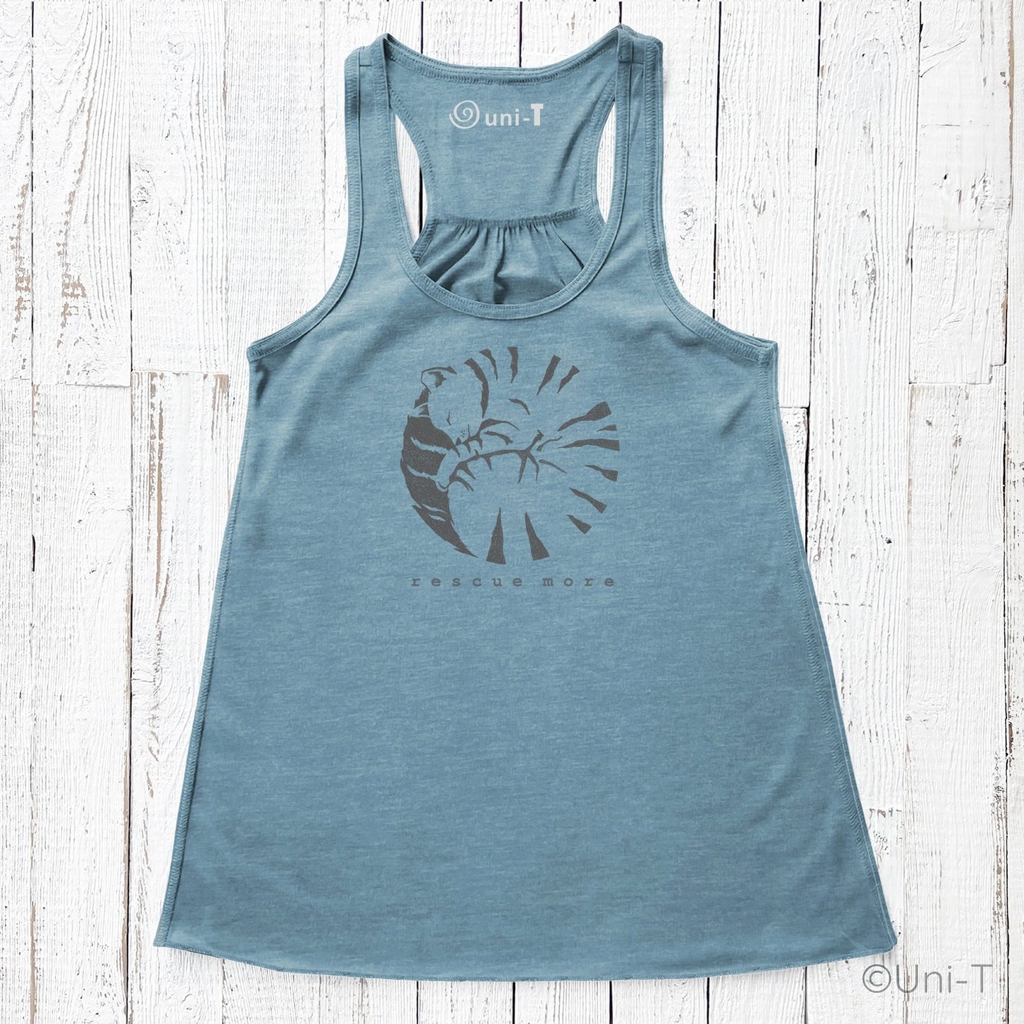 Blue 'Rescue More' flowy tank top for women with cat rescue design. Lightweight and eco-friendly, perfect for cat lovers and pet adoption supporters.