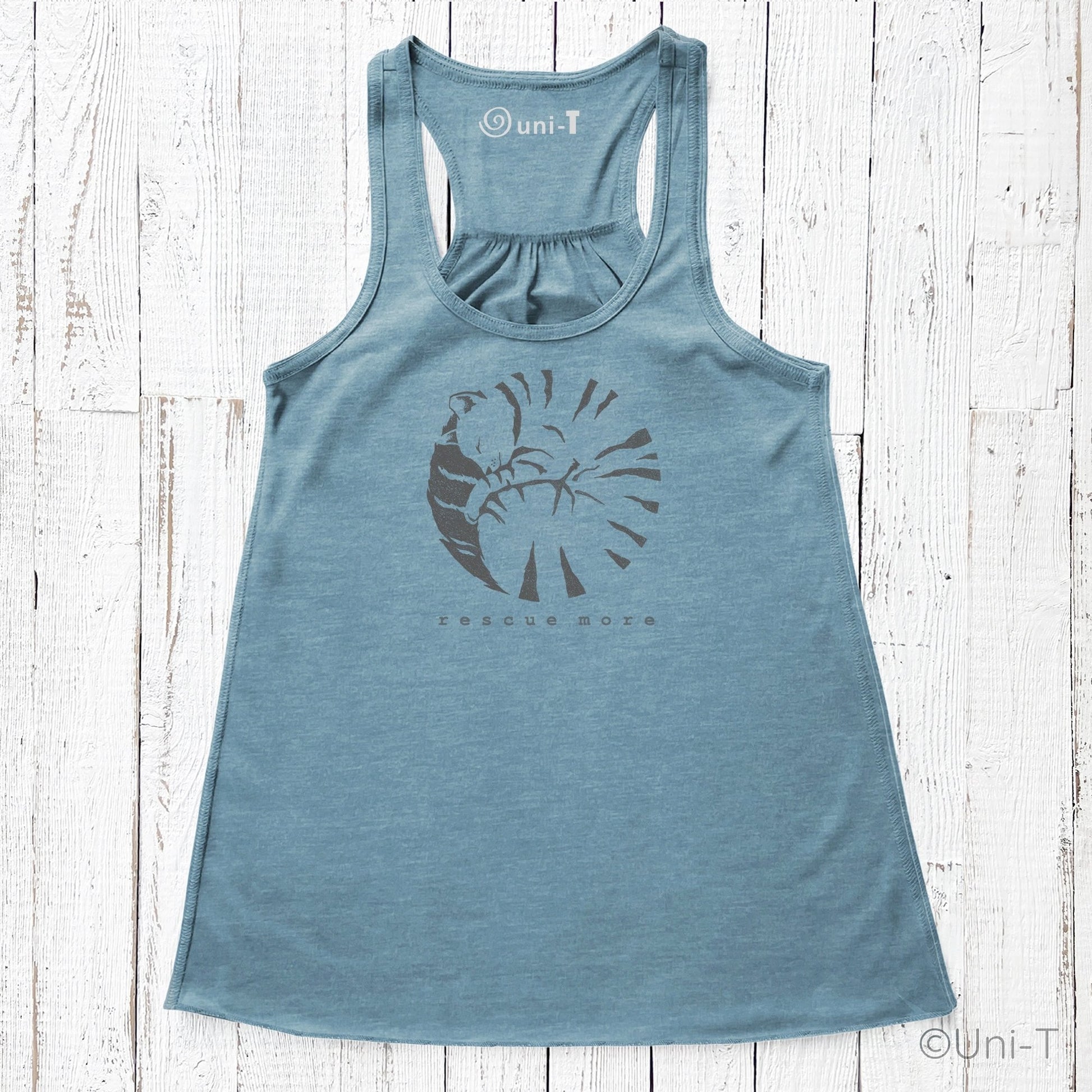 Blue 'Rescue More' flowy tank top for women with cat rescue design. Lightweight and eco-friendly, perfect for cat lovers and pet adoption supporters.