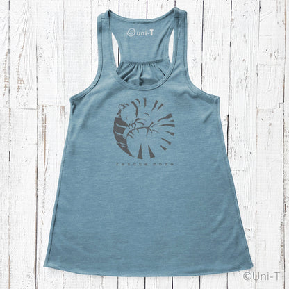 Blue 'Rescue More' flowy tank top for women with cat rescue design. Lightweight and eco-friendly, perfect for cat lovers and pet adoption supporters.
