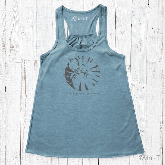 Blue 'Rescue More' flowy tank top for women with cat rescue design. Lightweight and eco-friendly, perfect for cat lovers and pet adoption supporters.