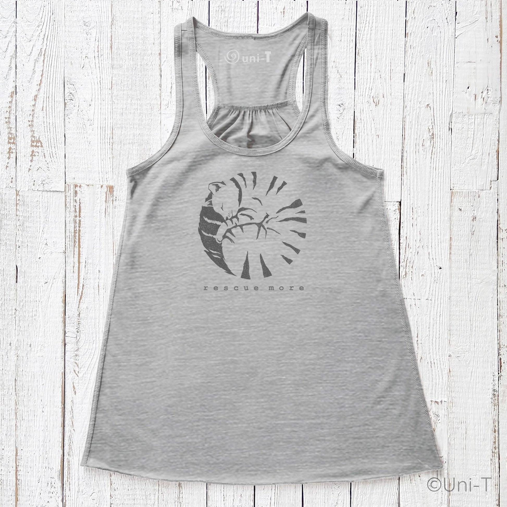 Heather gray 'Rescue More' women's tank top with cat rescue artwork. Comfortable and breathable, ideal for animal rescue and advocacy wear.