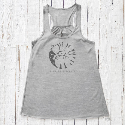Heather gray 'Rescue More' women's tank top with cat rescue artwork. Comfortable and breathable, ideal for animal rescue and advocacy wear.
