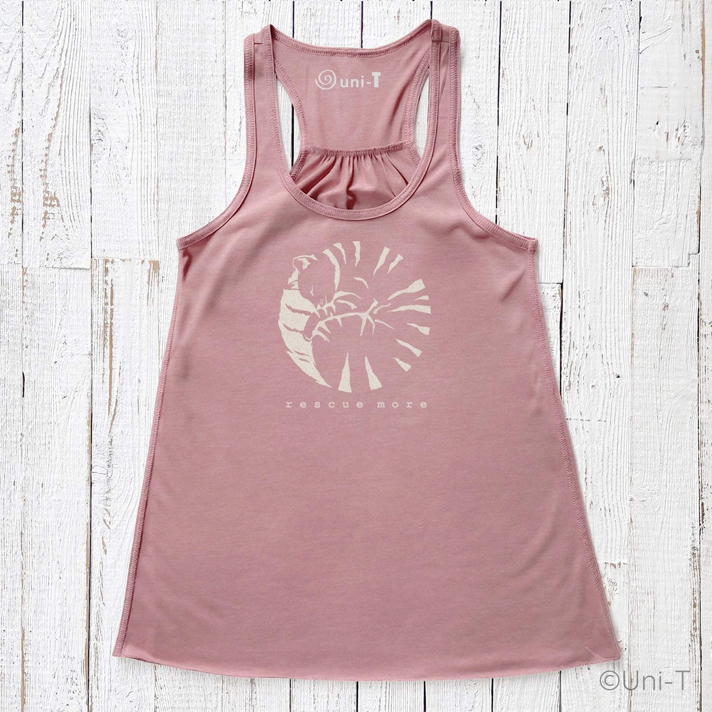Pink 'Rescue More' flowy tank top for women featuring a cat rescue print. Stylish and soft, great for rescue supporters and casual wear.