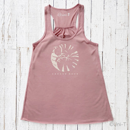 Pink 'Rescue More' flowy tank top for women featuring a cat rescue print. Stylish and soft, great for rescue supporters and casual wear.