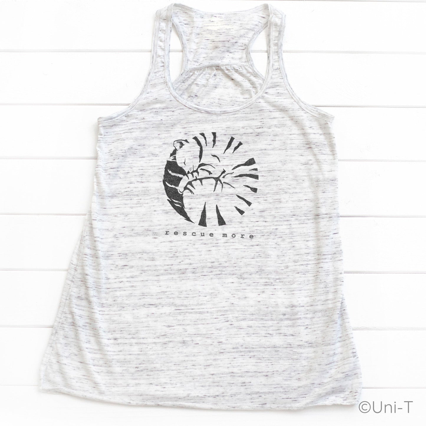 White speckled 'Rescue More' tank top for women with black cat rescue graphic. Lightweight and breathable, perfect for animal lovers.