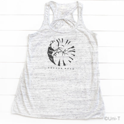 White speckled 'Rescue More' tank top for women with black cat rescue graphic. Lightweight and breathable, perfect for animal lovers.