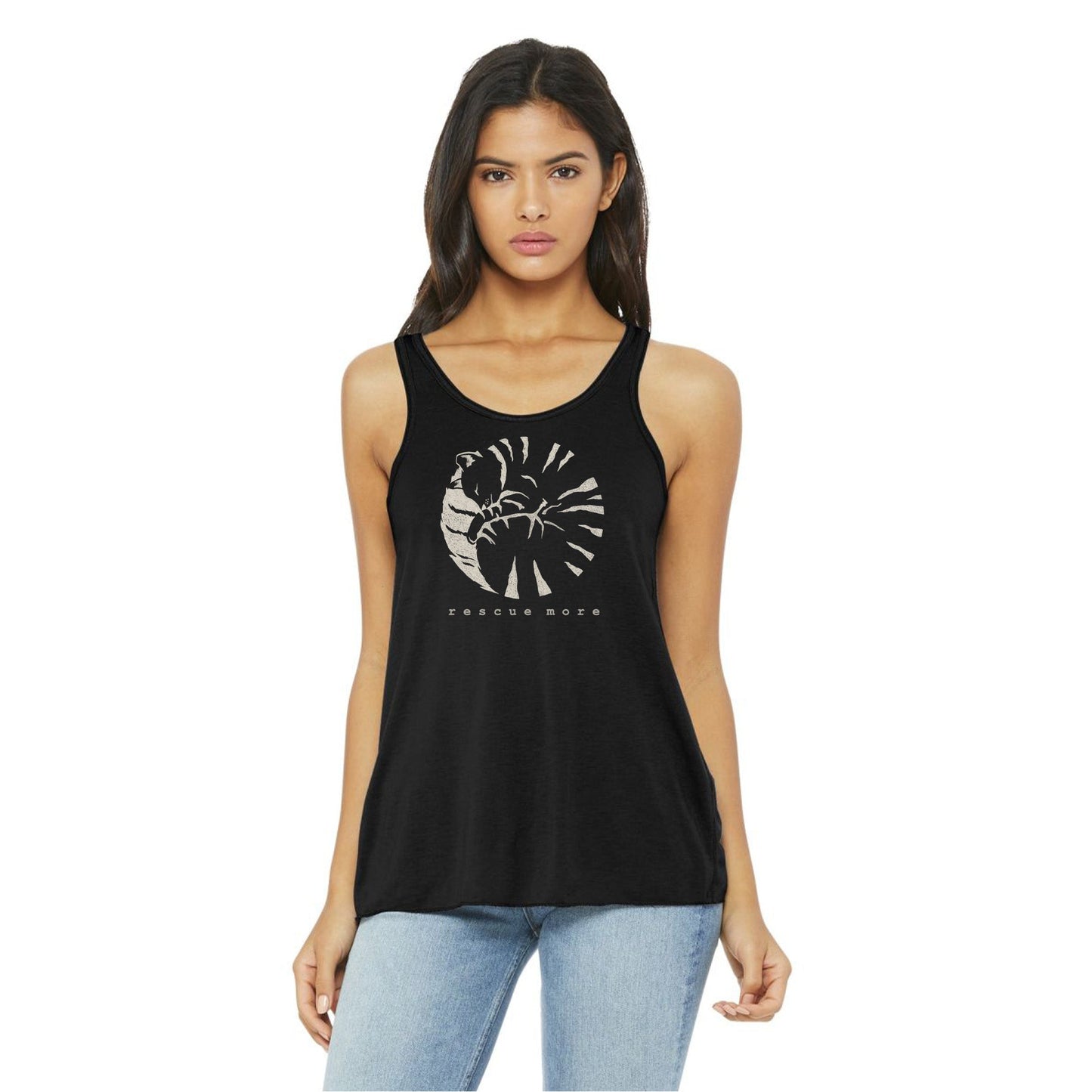 Model wearing black 'Rescue More' flowy tank top with cat rescue design. Feminine fit and soft fabric ideal for rescue advocacy fashion.