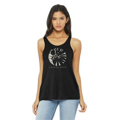 Model wearing black 'Rescue More' flowy tank top with cat rescue design. Feminine fit and soft fabric ideal for rescue advocacy fashion.