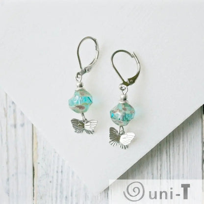 Rhodium Plated Butterfly Earrings with Turquoise Glass Beads - Surgical Steel Ear Wire Kathy James