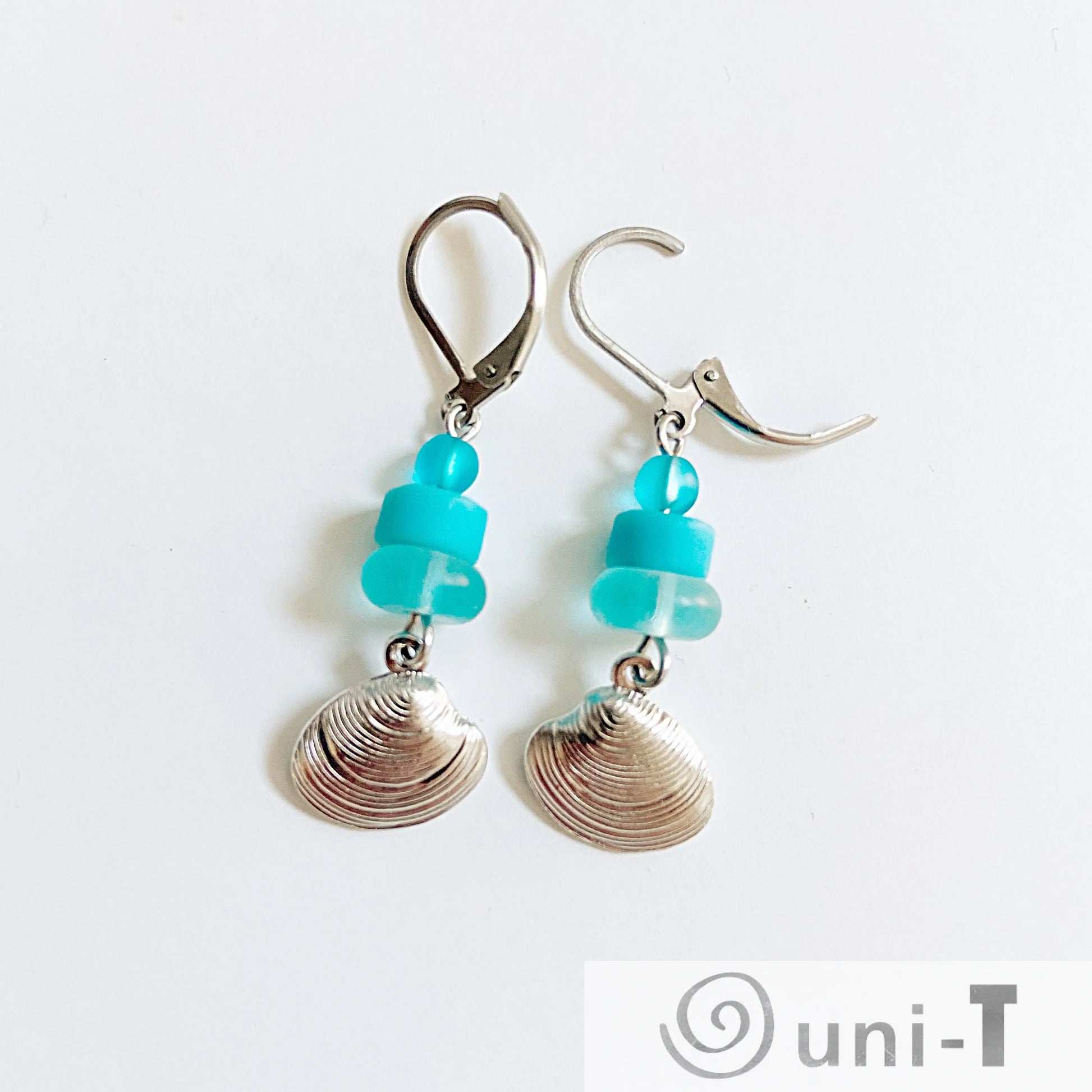 Rhodium Plated Butterfly Earrings with Turquoise Glass Beads - Surgical Steel Ear Wire Kathy James