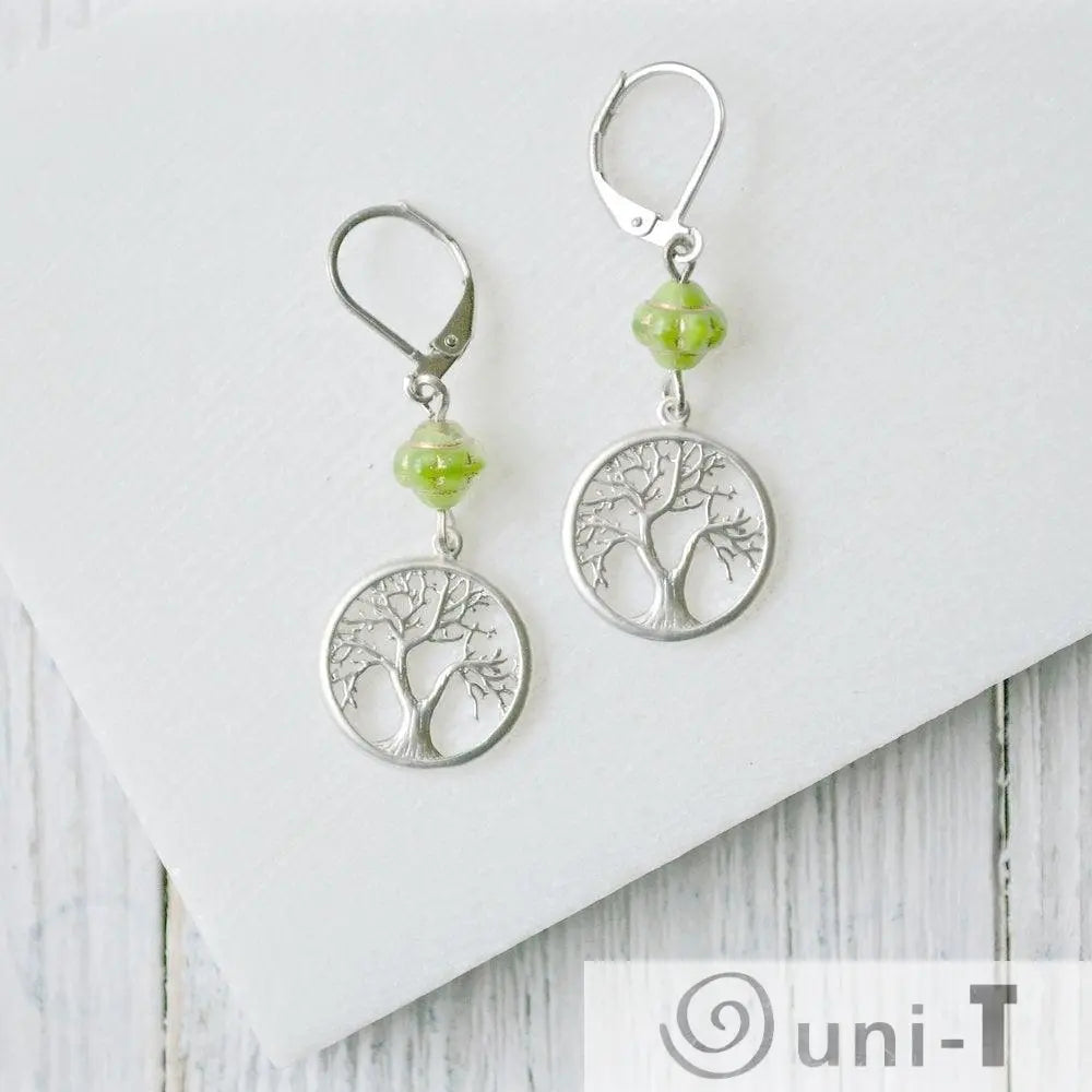 Rhodium Plated Butterfly Earrings with Turquoise Glass Beads - Surgical Steel Ear Wire Kathy James