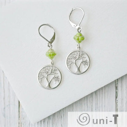 Rhodium Plated Butterfly Earrings with Turquoise Glass Beads - Surgical Steel Ear Wire Kathy James