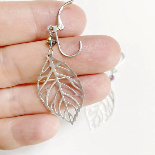 Rhodium Plated Earrings with Surgical Steel Ear Wire - Circles & Leaves Kathy James