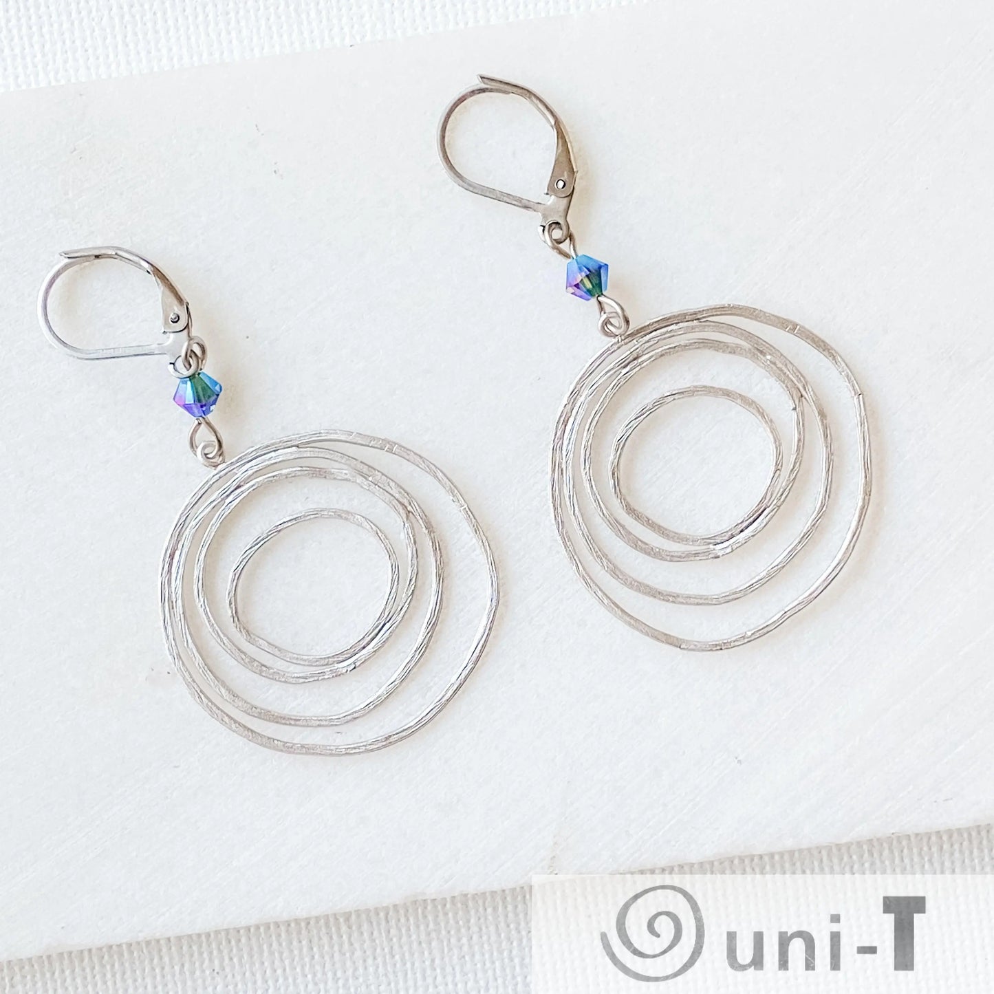 Rhodium Plated Earrings with Surgical Steel Ear Wire - Circles & Leaves Kathy James