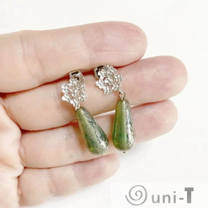 Rhodium Plated Earrings with Surgical Steel Ear Wire - Synthetic Labradorite & Opalite Drops Kathy James