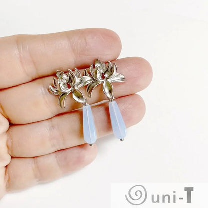 Rhodium Plated Earrings with Surgical Steel Ear Wire - Synthetic Labradorite & Opalite Drops Kathy James