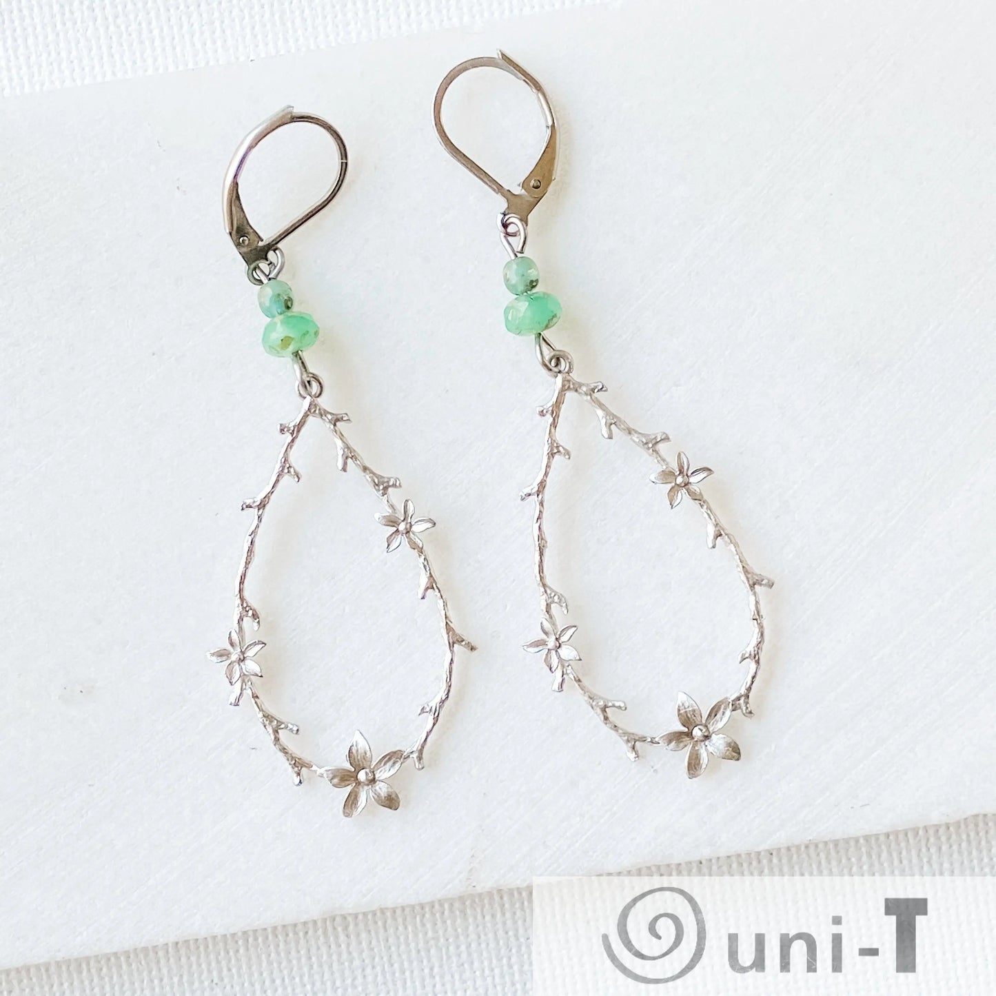 Rhodium Plated Earrings with Surgical Steel Ear Wire - Teardrop with Flowers Kathy James