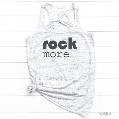 Rock More Women's Flowy Tank Top in white heather with bold black text, eco-friendly soft fabric and racerback style, ideal for casual wear.