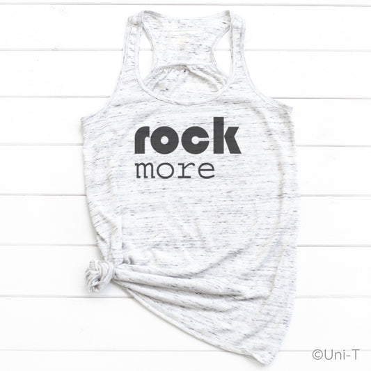 Rock More Women's Flowy Tank Top in white heather with bold black text, eco-friendly soft fabric and racerback style, ideal for casual wear.