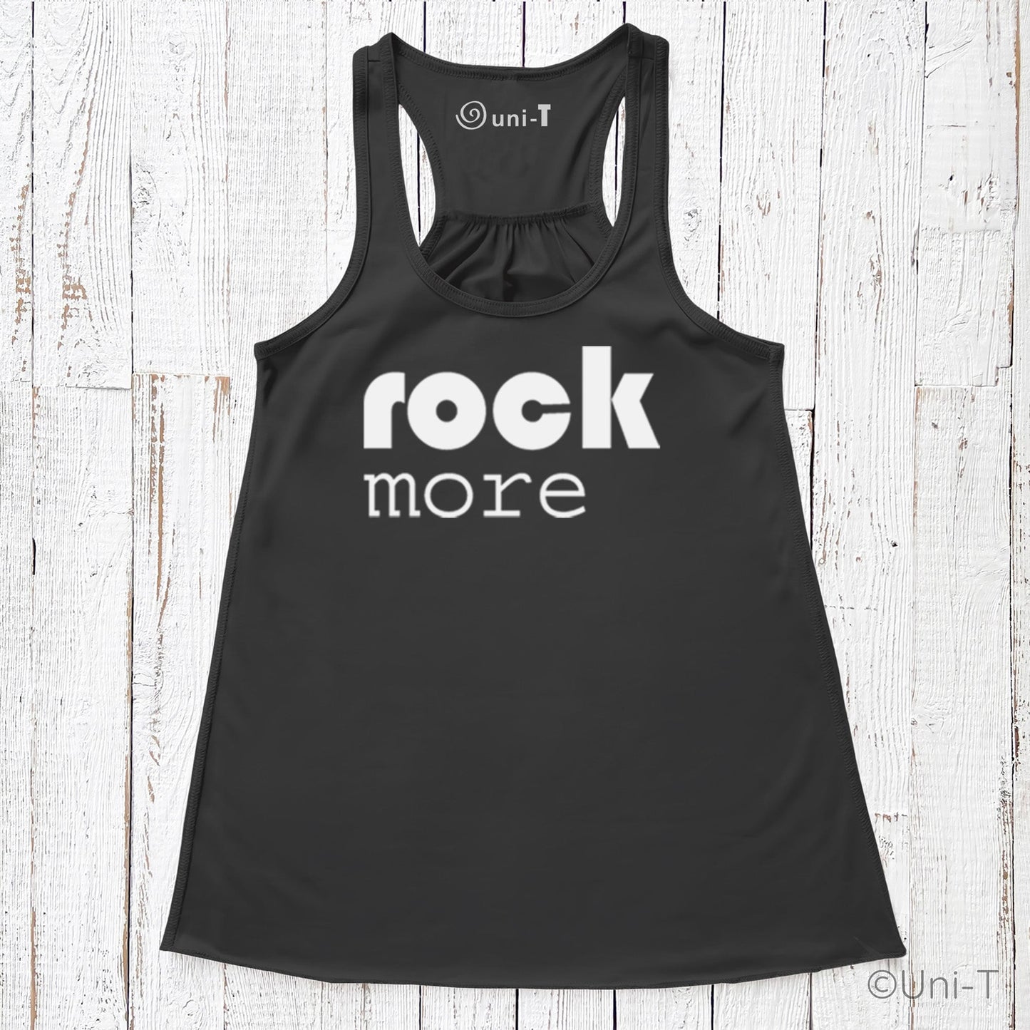 Black Rock More Women's Flowy Tank Top with white print, featuring a relaxed fit, round neck, and racerback, made from soft eco-conscious material.