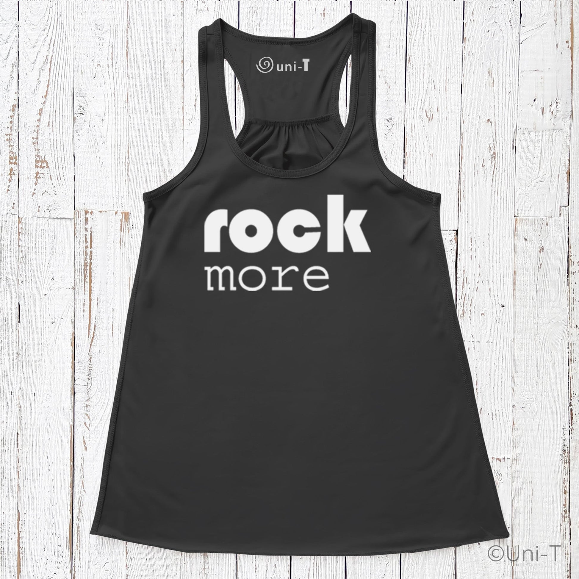 Black Rock More Women's Flowy Tank Top with white print, featuring a relaxed fit, round neck, and racerback, made from soft eco-conscious material.