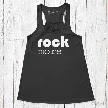 Black Rock More Women's Flowy Tank Top with white print, featuring a relaxed fit, round neck, and racerback, made from soft eco-conscious material.