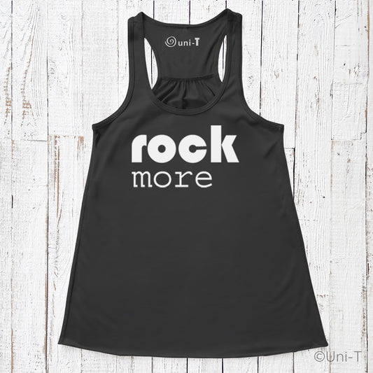 Black Rock More Women's Flowy Tank Top with white print, featuring a relaxed fit, round neck, and racerback, made from soft eco-conscious material.