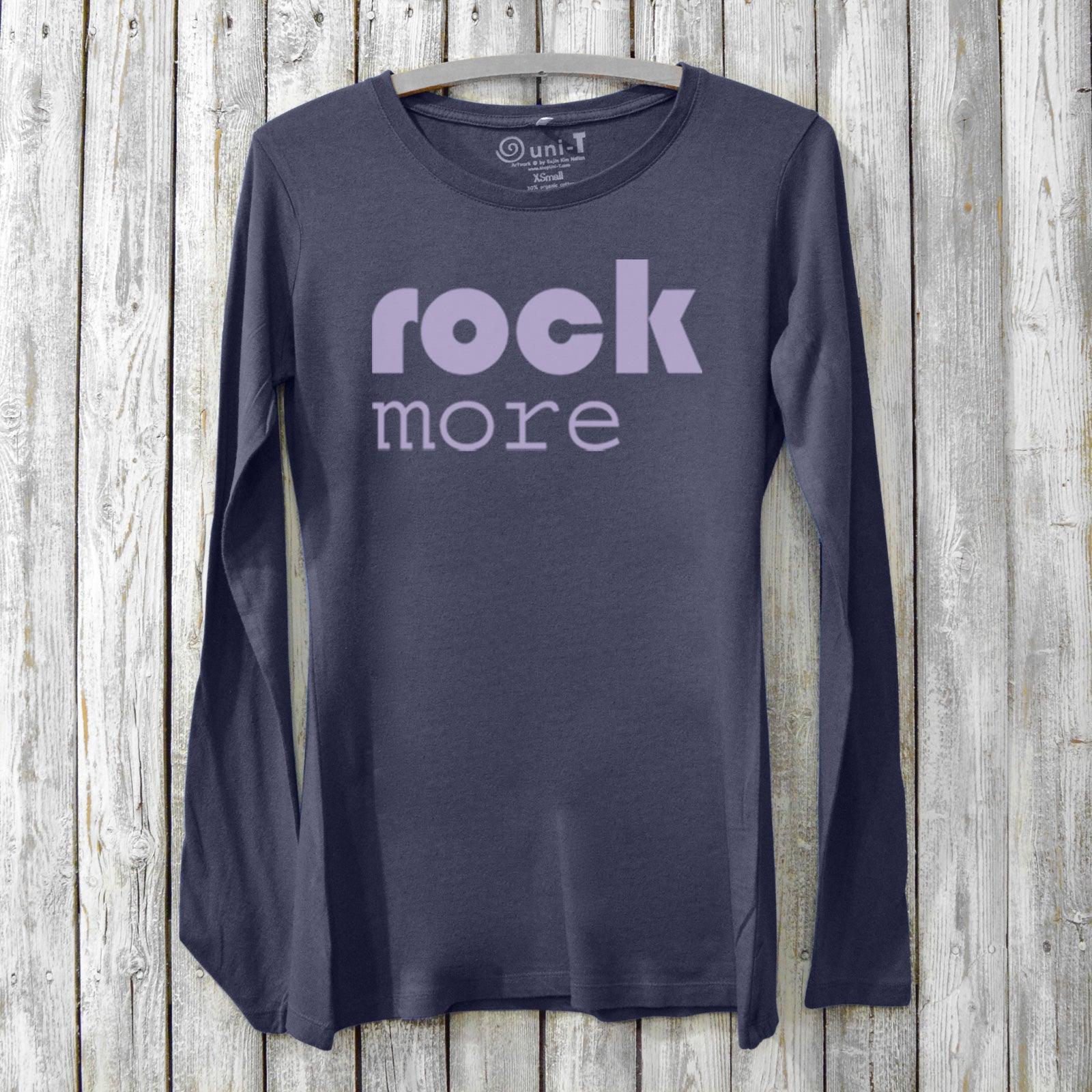 Women’s Rock Music Long Sleeve T-Shirt in navy bamboo and organic cotton with 'rock more' graphic. Eco-friendly band-inspired top by Uni-T.