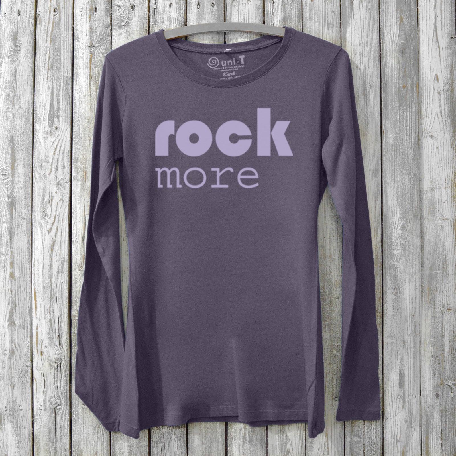 Eco-friendly purple Women’s Rock Music Long Sleeve T-Shirt with 'rock more' print. Bamboo and organic cotton graphic tee by Uni-T.