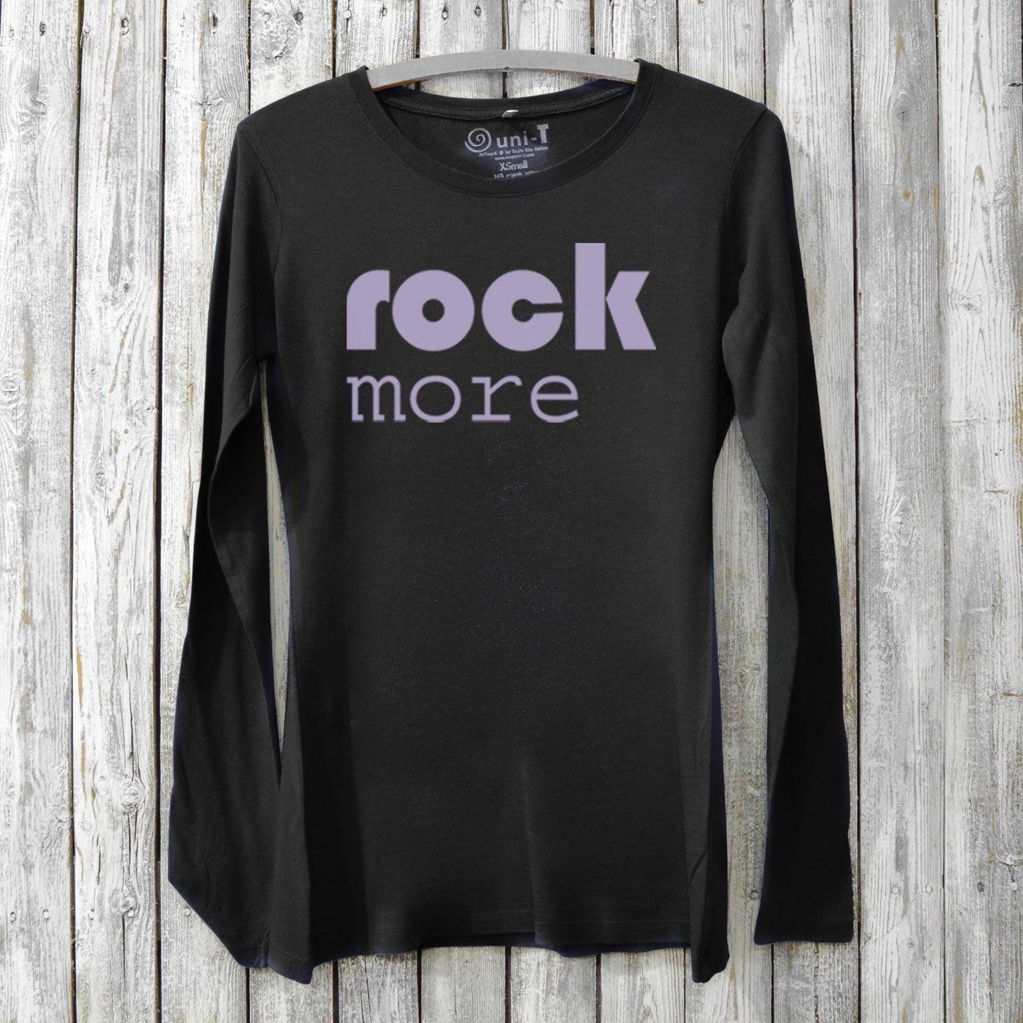 Black bamboo and organic cotton Women’s Rock Music Long Sleeve T-Shirt featuring 'rock more' text. Sustainable music lover’s tee by Uni-T.