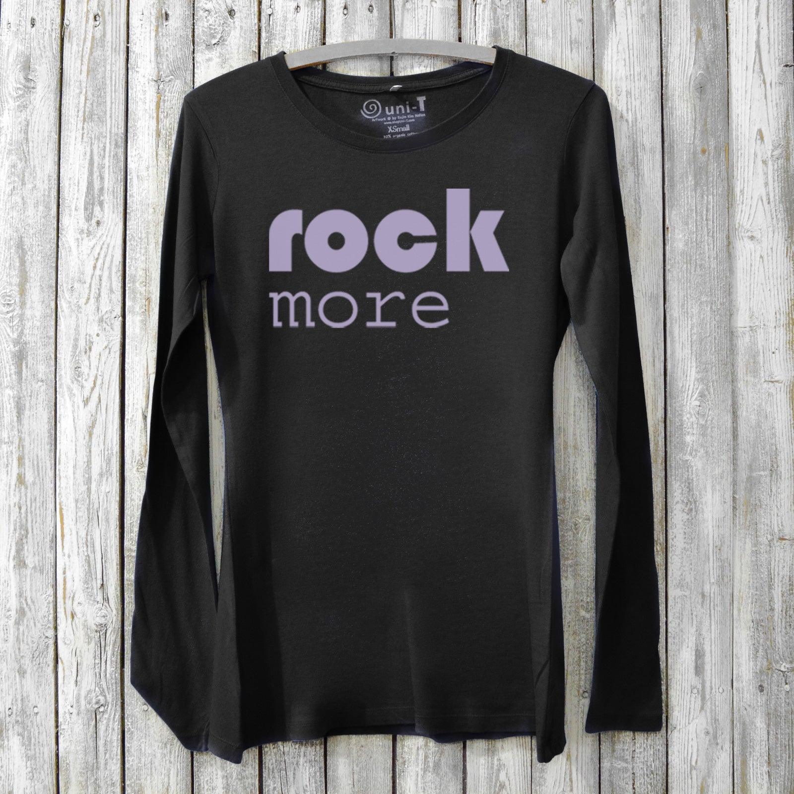 Black bamboo and organic cotton Women’s Rock Music Long Sleeve T-Shirt featuring 'rock more' text. Sustainable music lover’s tee by Uni-T.