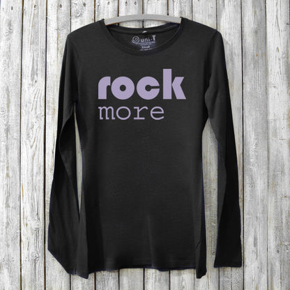 Black bamboo and organic cotton Women’s Rock Music Long Sleeve T-Shirt featuring 'rock more' text. Sustainable music lover’s tee by Uni-T.