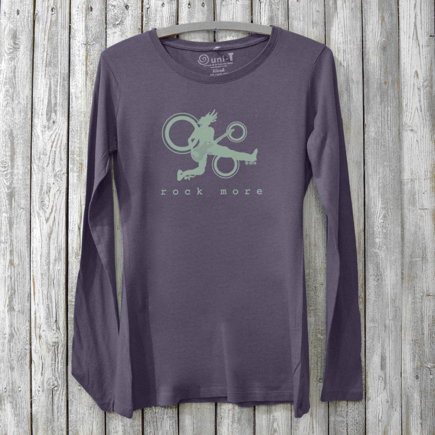 Dark purple Women’s Guitar Long Sleeve T-Shirt in Bamboo & Organic Cotton featuring mint green 'Rock More' music graphic, sustainable fashion by Uni-T.