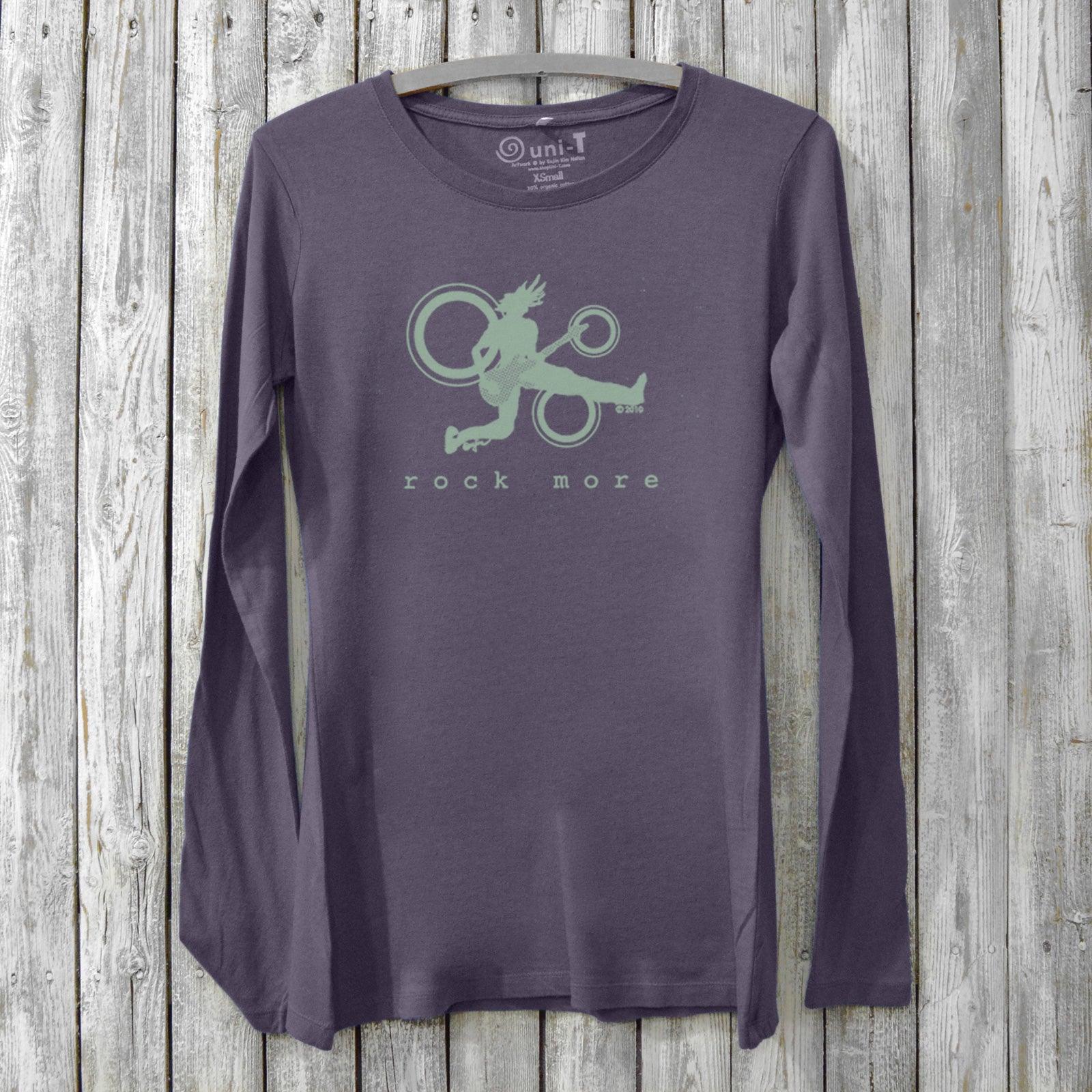 Dark purple Women’s Guitar Long Sleeve T-Shirt in Bamboo & Organic Cotton featuring mint green 'Rock More' music graphic, sustainable fashion by Uni-T.