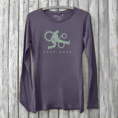 Dark purple Women’s Guitar Long Sleeve T-Shirt in Bamboo & Organic Cotton featuring mint green 'Rock More' music graphic, sustainable fashion by Uni-T.