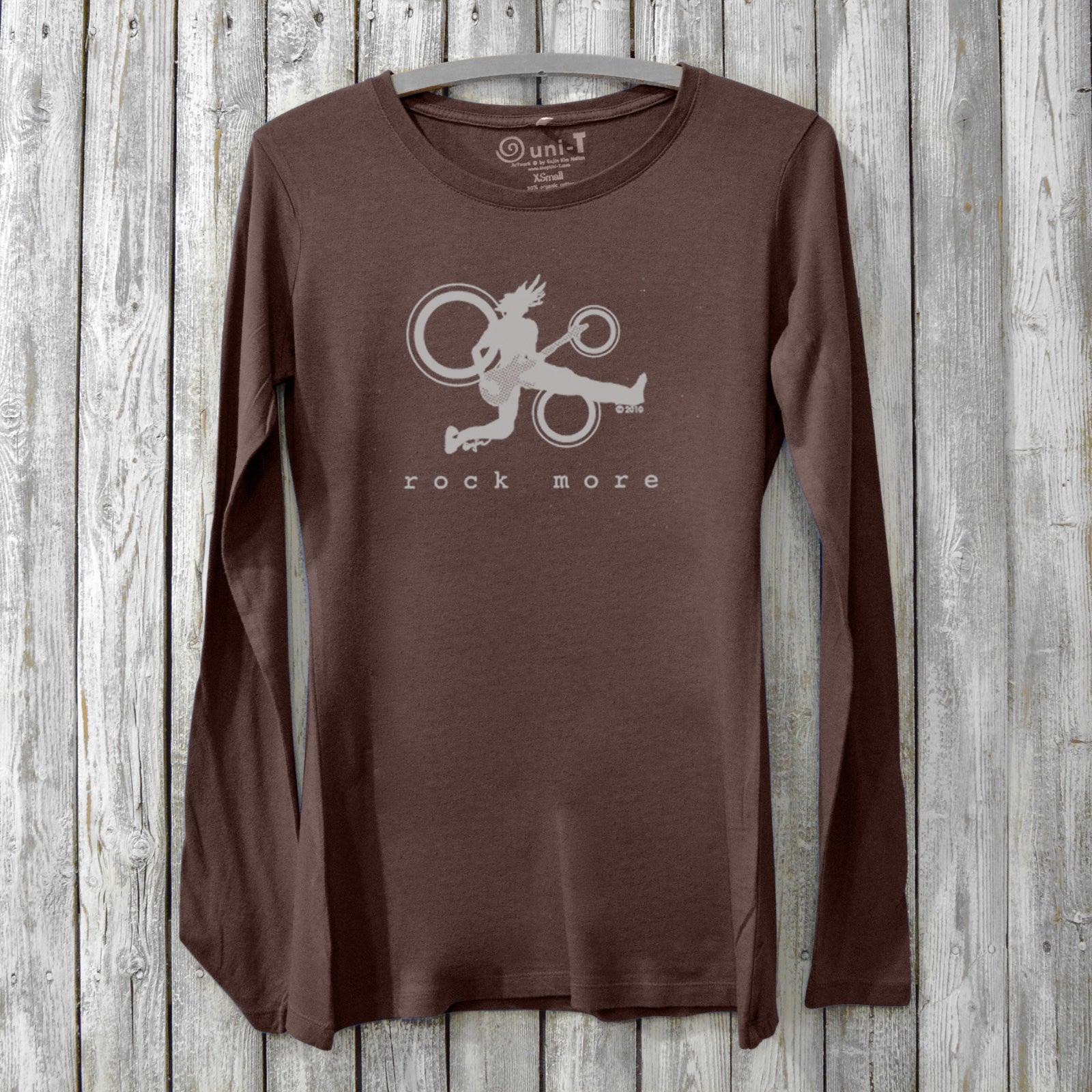 Dark brown Women’s Guitar Long Sleeve T-Shirt in Bamboo & Organic Cotton with white 'Rock More' band-style graphic, eco-conscious top by Uni-T.