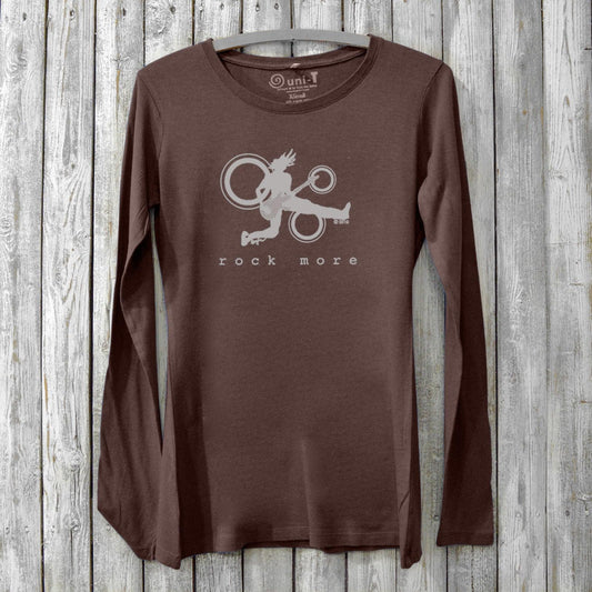 Dark brown Women’s Guitar Long Sleeve T-Shirt in Bamboo & Organic Cotton with white 'Rock More' band-style graphic, eco-conscious top by Uni-T.