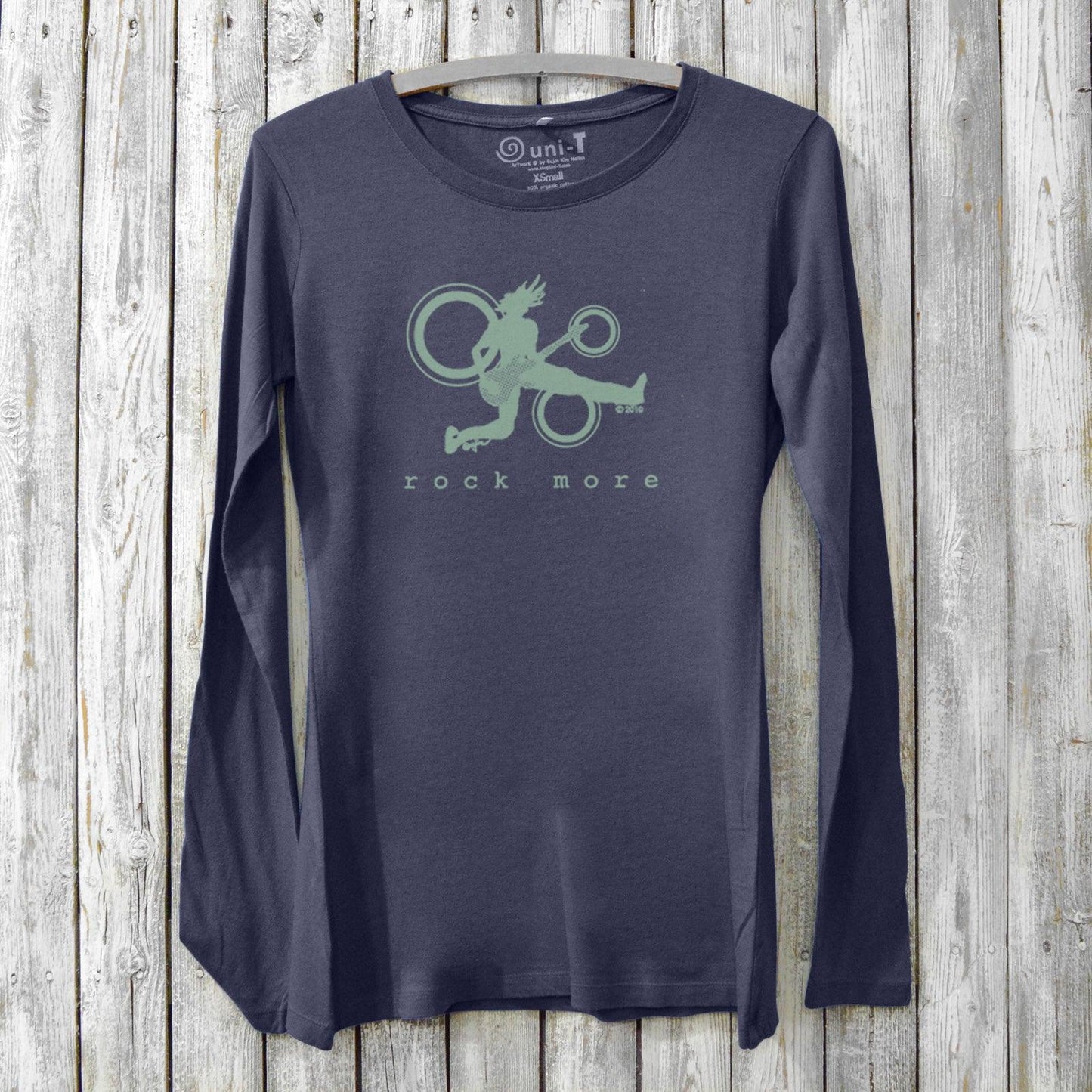 Navy Women’s Guitar Long Sleeve T-Shirt in Bamboo & Organic Cotton with mint green 'Rock More' music-themed graphic, sustainable apparel by Uni-T.