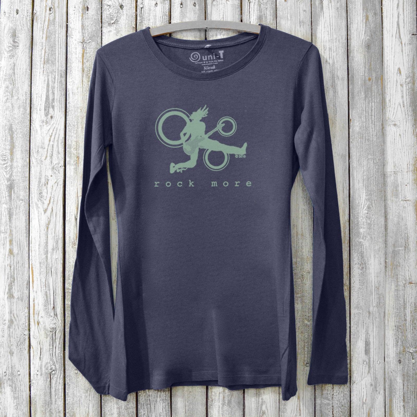Navy Women’s Guitar Long Sleeve T-Shirt in Bamboo & Organic Cotton with mint green 'Rock More' music-themed graphic, sustainable apparel by Uni-T.
