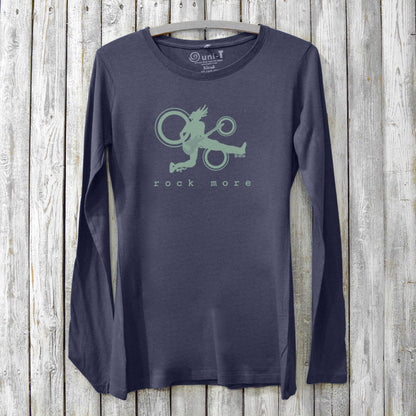 Navy Women’s Guitar Long Sleeve T-Shirt in Bamboo & Organic Cotton with mint green 'Rock More' music-themed graphic, sustainable apparel by Uni-T.