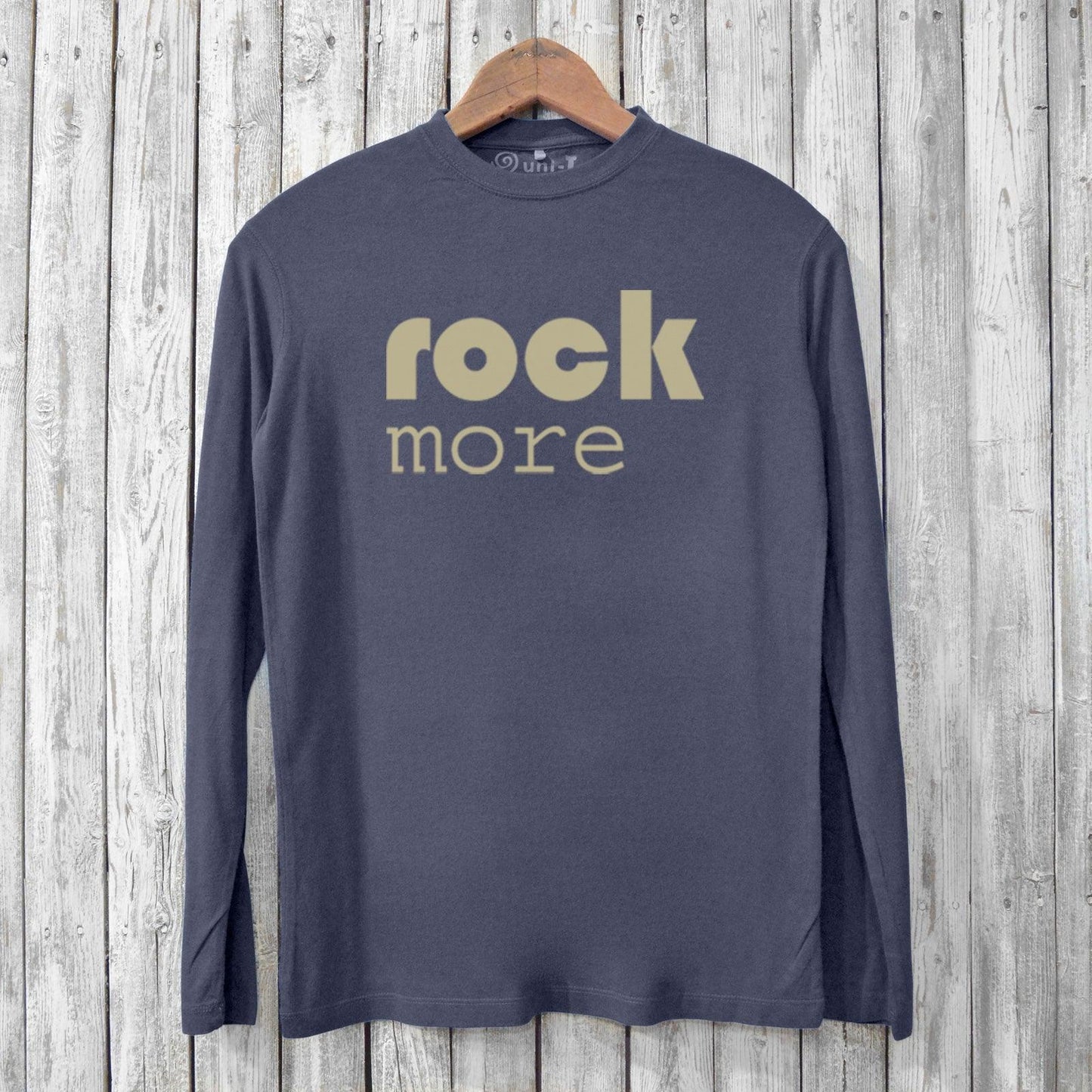 Rock More Long Sleeves - Eco-Friendly Shirts in navy blue made from bamboo and organic cotton with bold beige graphic text for music lovers.