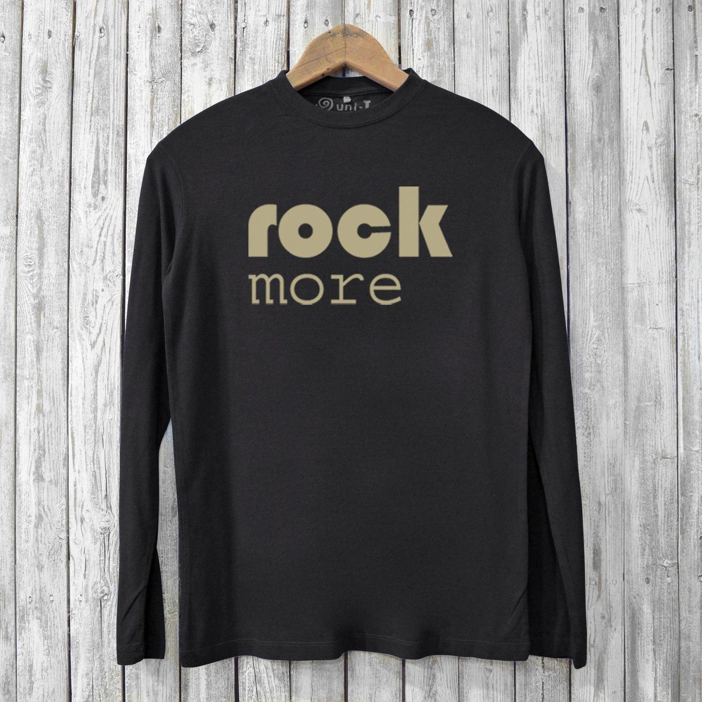 Rock More Long Sleeves - Eco-Friendly Shirts in black bamboo and organic cotton blend featuring beige graphic print, ideal for stylish comfort.