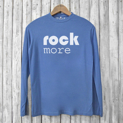 Rock More Long Sleeves - Eco-Friendly Shirts in sky blue bamboo and organic cotton with white graphic text, perfect for casual eco-conscious wear.