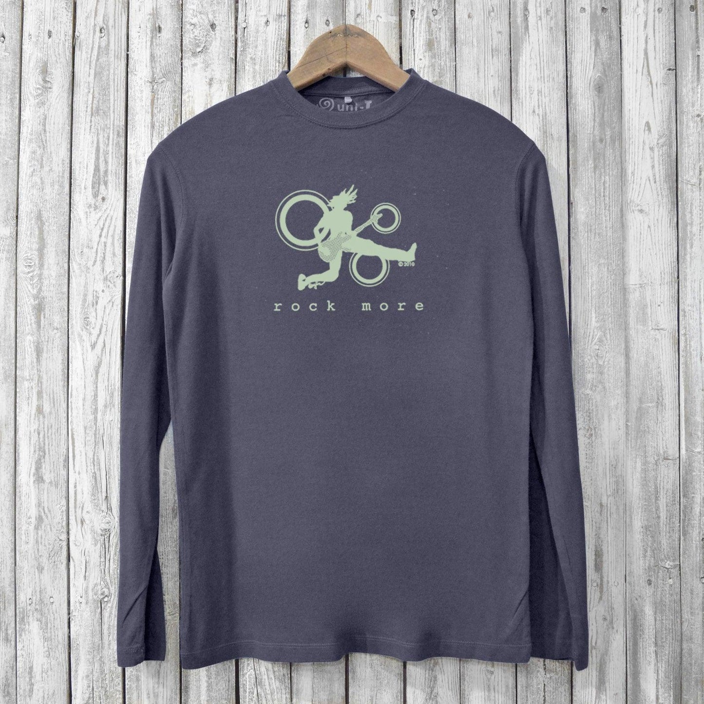 Rock More Bamboo T-Shirts - Eco-Friendly Men's Tees in charcoal with green guitar player design. Stylish long sleeve made from organic cotton and bamboo.