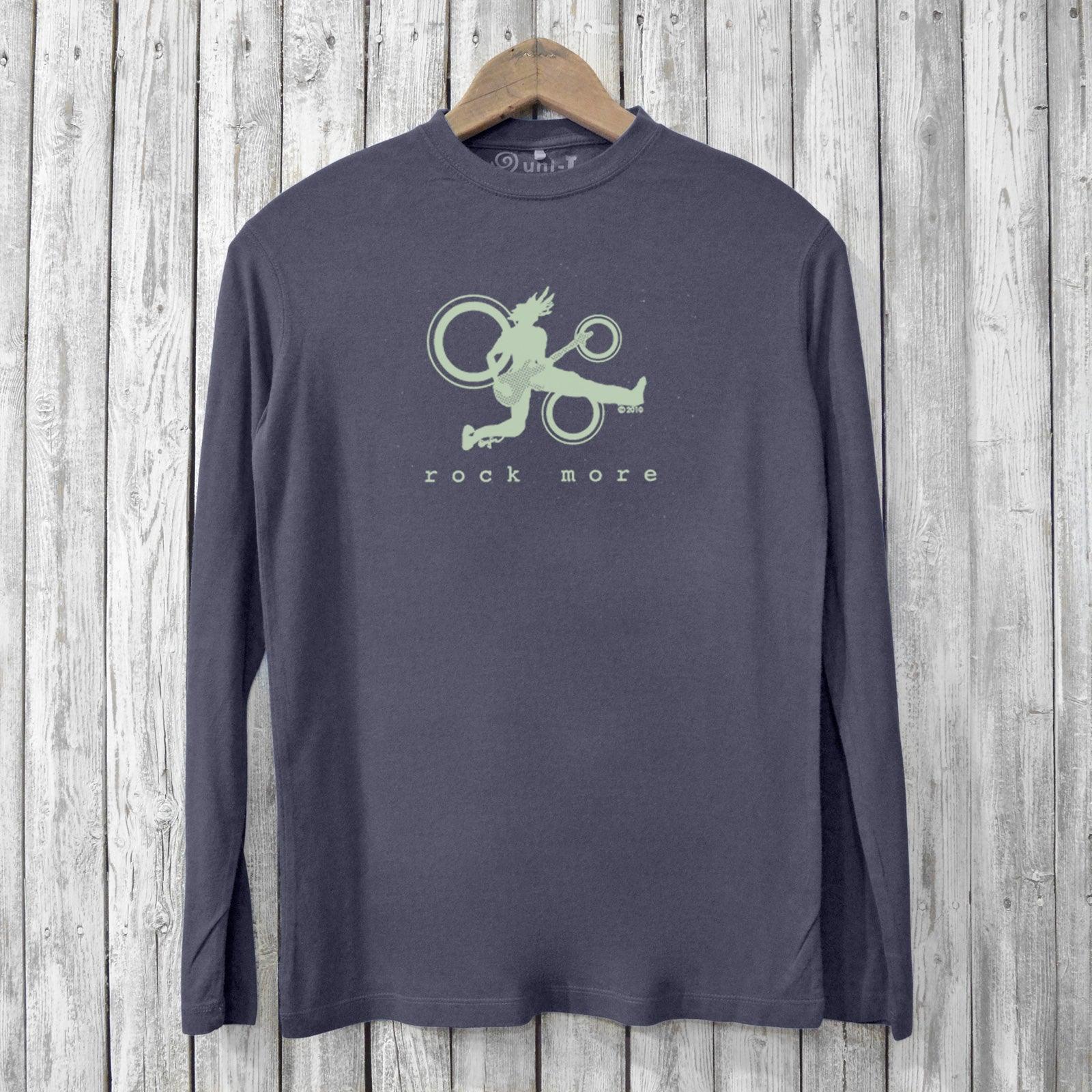 Rock More Bamboo T-Shirts - Eco-Friendly Men's Tees in charcoal with green guitar player design. Stylish long sleeve made from organic cotton and bamboo.