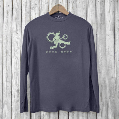 Rock More Bamboo T-Shirts - Eco-Friendly Men's Tees in charcoal with green guitar player design. Stylish long sleeve made from organic cotton and bamboo.