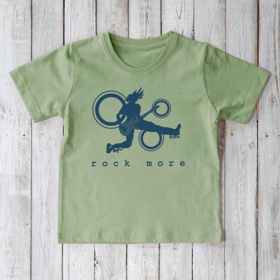 Kids' Guitar T-Shirt in Organic Cotton, Cool Music Graphic Tee in light green with blue rock guitarist print and 'rock more' text.